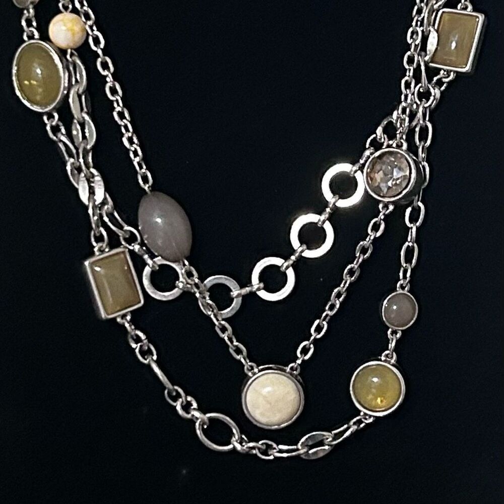 LOFT Necklace 18"-20" Silver-tone Green & Cream Glass Beads Triple Chain Signed